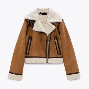 ZARA Brown Vegan Suede Shearling Trimmed Moto Jacket